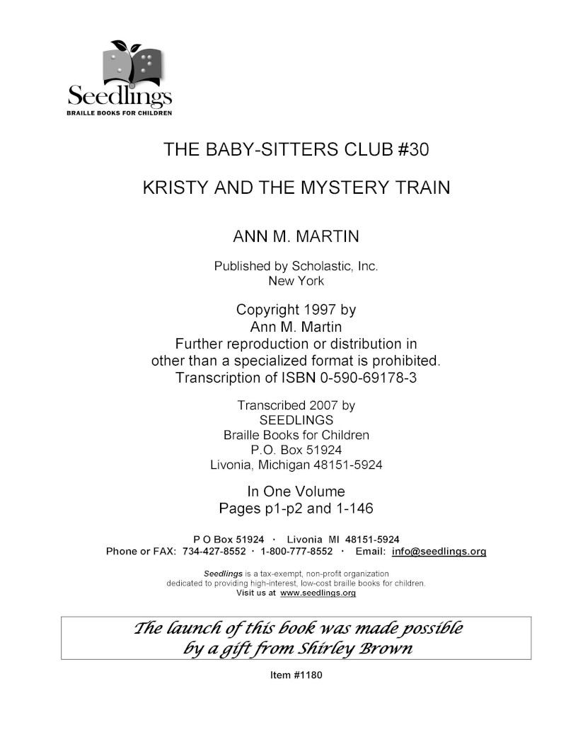 BSC Mystery #30: Kristy and the Mystery Train - Seedlings